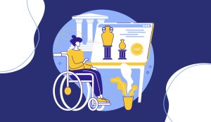 Illustration of a woman in a wheelchair looking at a poster and vases.