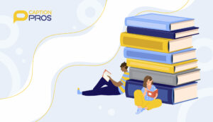 Illustration of two people leaning against a stack of books. The blog is about books by authors with disabilities.