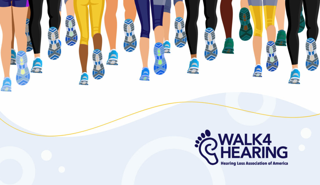 Illustration of people walking with the Walk4Hearing logo